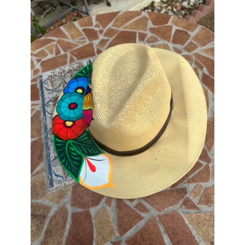 Hand Painted Mexican Floral Straw Sun Hat Boho Artisan Summer Fedora Tan